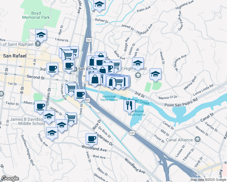map of restaurants, bars, coffee shops, grocery stores, and more near 361 3rd Street in San Rafael