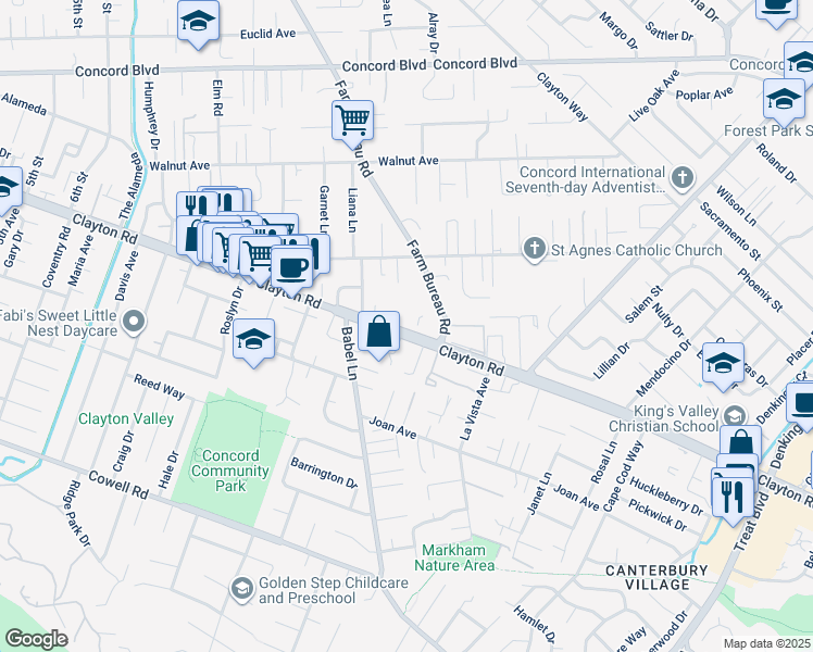 map of restaurants, bars, coffee shops, grocery stores, and more near 3717 Clayton Road in Concord