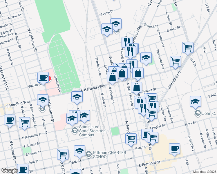 map of restaurants, bars, coffee shops, grocery stores, and more near 1269 North Pilgrim Street in Stockton