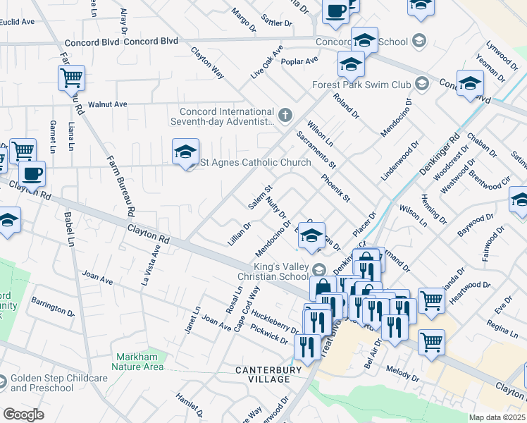 map of restaurants, bars, coffee shops, grocery stores, and more near 4012 Salem Street in Concord