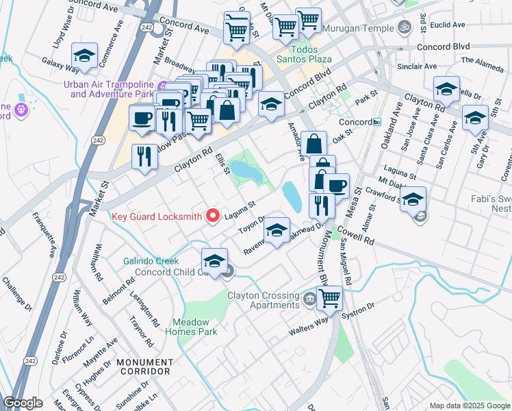 map of restaurants, bars, coffee shops, grocery stores, and more near 1490 Ellis Street in Concord