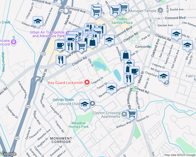 map of restaurants, bars, coffee shops, grocery stores, and more near 1490 Ellis Street in Concord