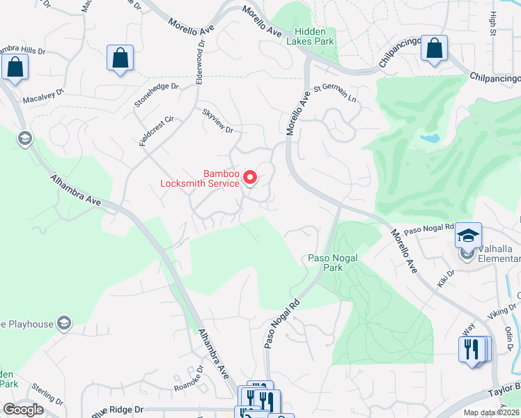 map of restaurants, bars, coffee shops, grocery stores, and more near 341 Ridgeview Drive in Pleasant Hill