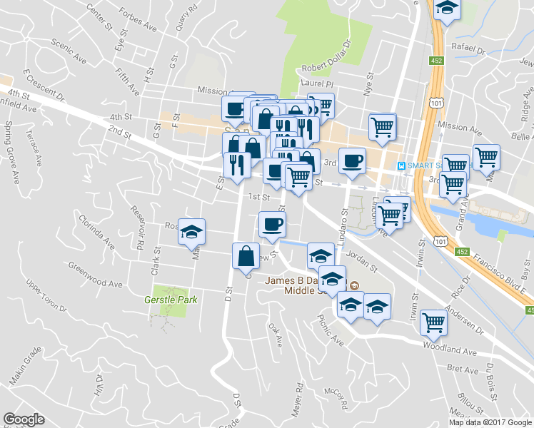 map of restaurants, bars, coffee shops, grocery stores, and more near 601 B Street in San Rafael