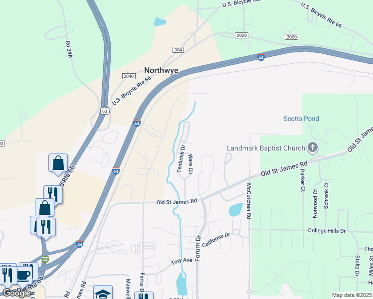map of restaurants, bars, coffee shops, grocery stores, and more near 2176 Ware Circle in Rolla