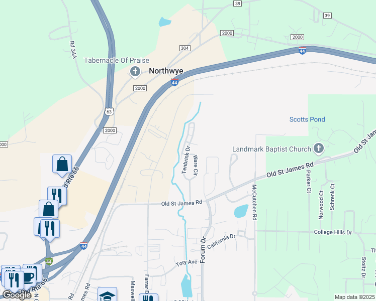 map of restaurants, bars, coffee shops, grocery stores, and more near 2176 Ware Circle in Rolla
