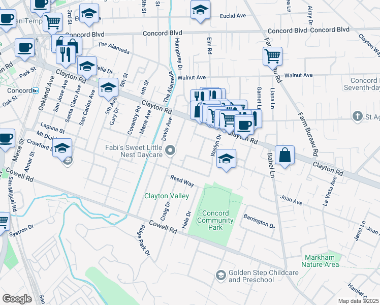 map of restaurants, bars, coffee shops, grocery stores, and more near 154 Leonard Drive in Concord