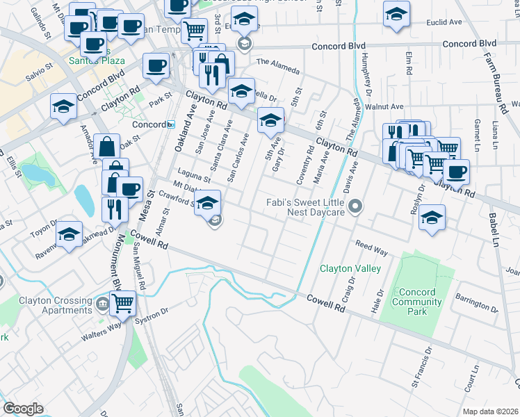 map of restaurants, bars, coffee shops, grocery stores, and more near 3113 Mount Diablo Street in Concord