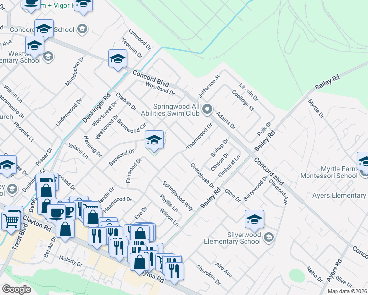 map of restaurants, bars, coffee shops, grocery stores, and more near 4360 Satinwood Drive in Concord