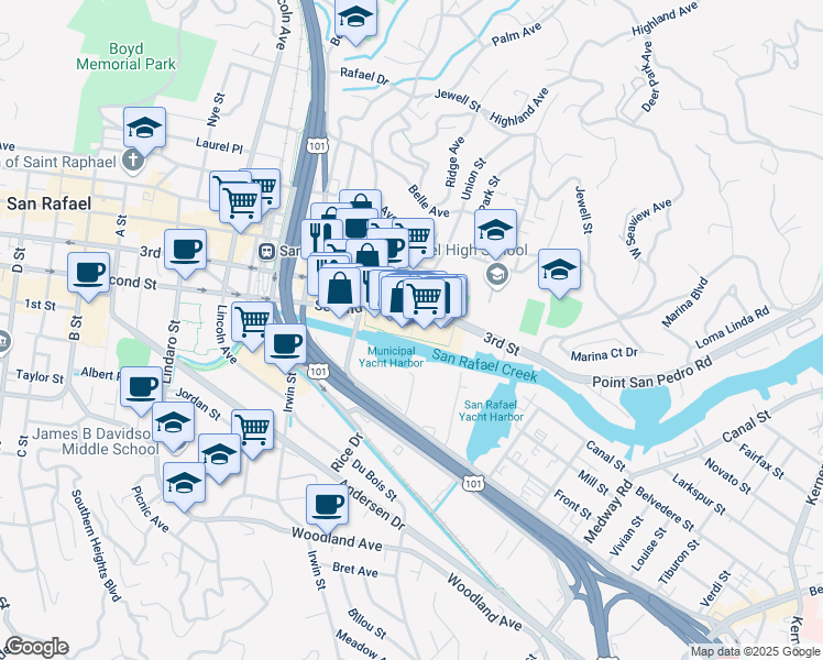 map of restaurants, bars, coffee shops, grocery stores, and more near 361 3rd Street in San Rafael