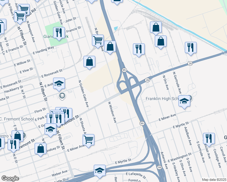 map of restaurants, bars, coffee shops, grocery stores, and more near 803 North Broadway Avenue in Stockton