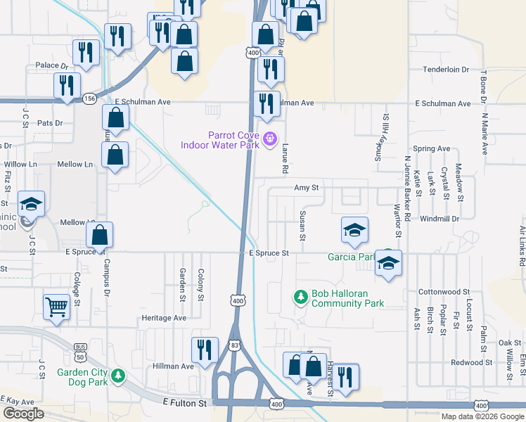 map of restaurants, bars, coffee shops, grocery stores, and more near 714 Amy Street in Garden City