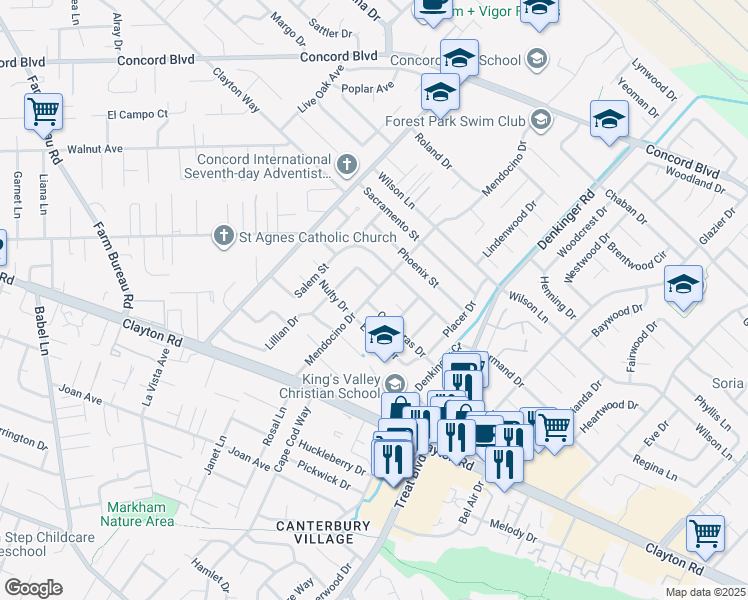 map of restaurants, bars, coffee shops, grocery stores, and more near 1568 Mendocino Drive in Concord