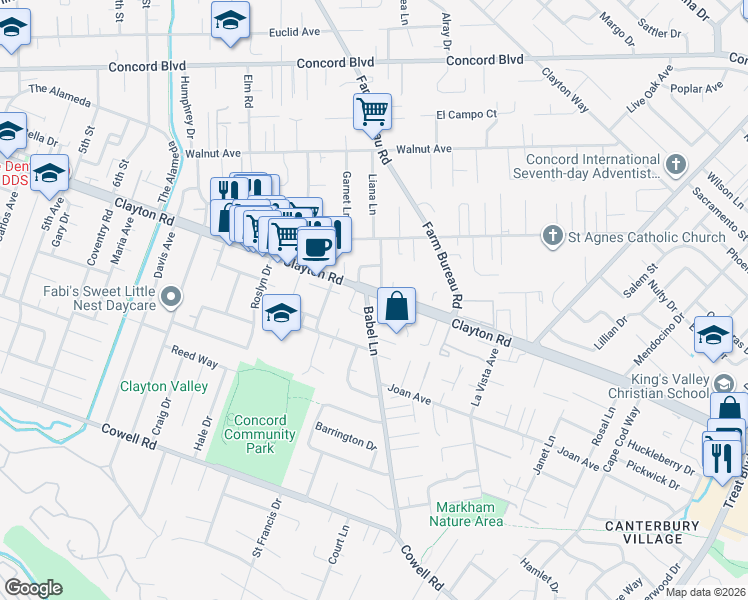 map of restaurants, bars, coffee shops, grocery stores, and more near 3600 Clayton Road in Concord