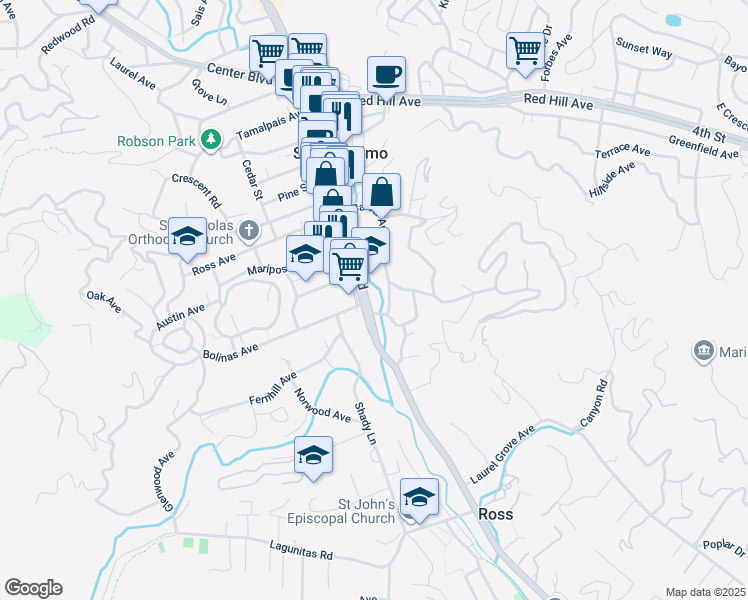 map of restaurants, bars, coffee shops, grocery stores, and more near 94 Sir Francis Drake Boulevard in San Anselmo