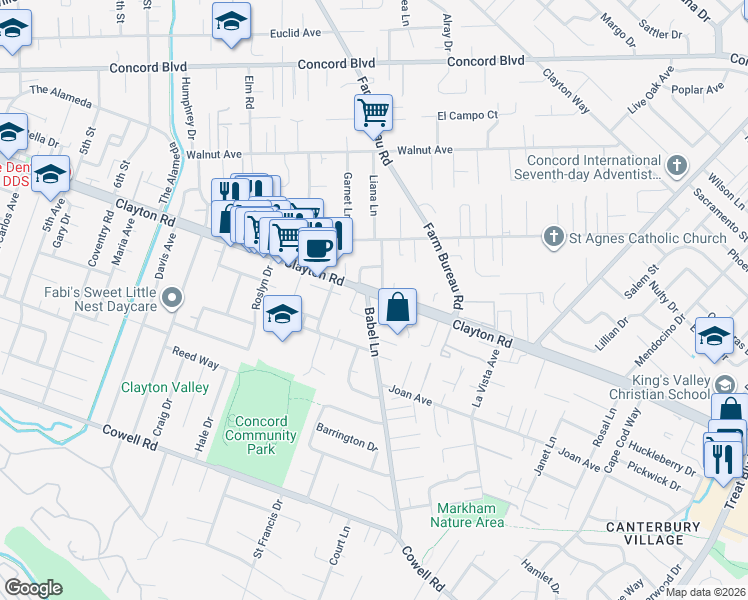 map of restaurants, bars, coffee shops, grocery stores, and more near 3600 Clayton Road in Concord