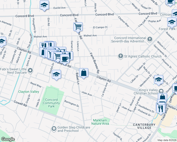 map of restaurants, bars, coffee shops, grocery stores, and more near 3713 Clayton Road in Concord