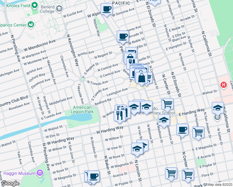map of restaurants, bars, coffee shops, grocery stores, and more near 602 Lexington Avenue in Stockton