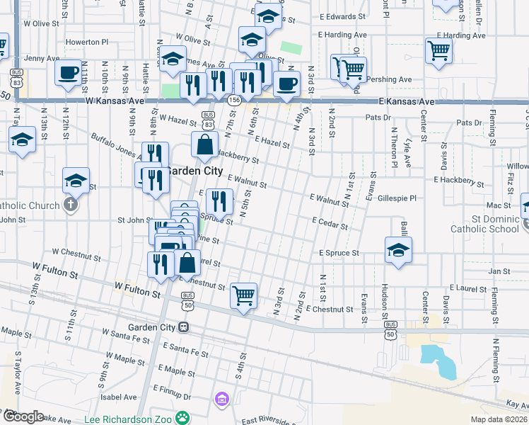 map of restaurants, bars, coffee shops, grocery stores, and more near 401 East Spruce Street in Garden City