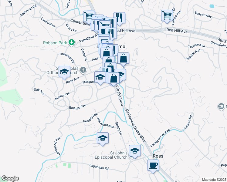 map of restaurants, bars, coffee shops, grocery stores, and more near 16 Bolinas Avenue in San Anselmo