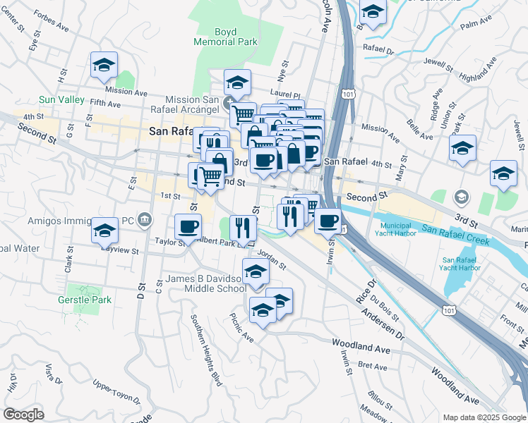 map of restaurants, bars, coffee shops, grocery stores, and more near 750 Lindaro Street in San Rafael