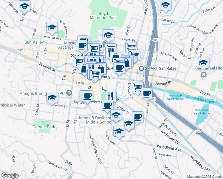 map of restaurants, bars, coffee shops, grocery stores, and more near 750 Lindaro Street in San Rafael