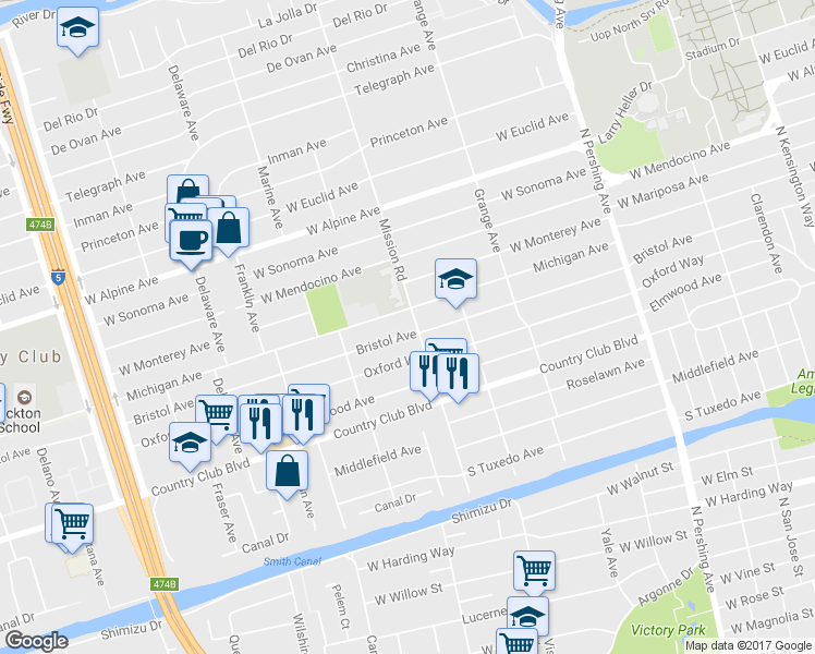 map of restaurants, bars, coffee shops, grocery stores, and more near 1907 Bristol Avenue in Stockton