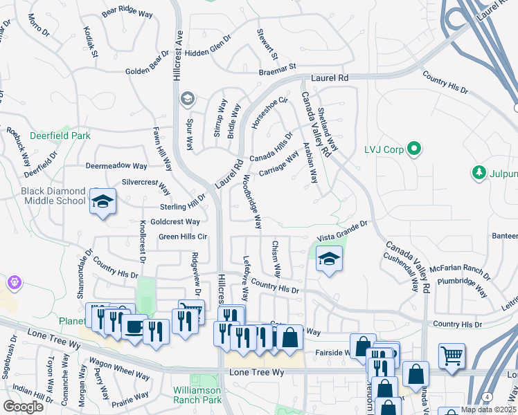 map of restaurants, bars, coffee shops, grocery stores, and more near 4736 Woodbridge Way in Antioch