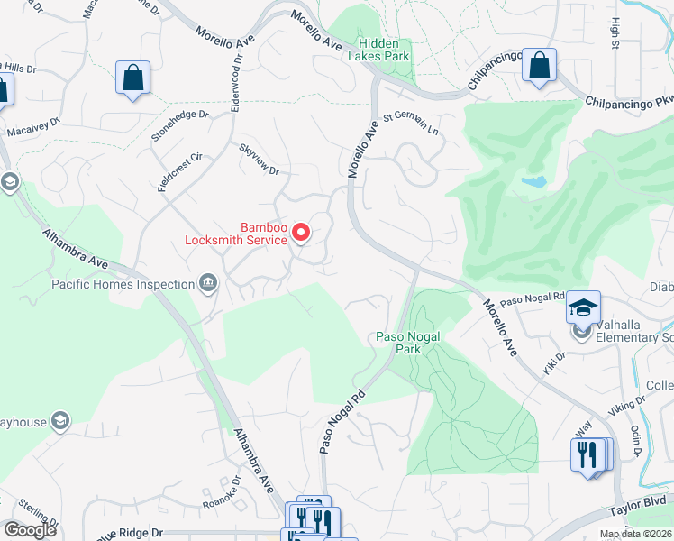 map of restaurants, bars, coffee shops, grocery stores, and more near 381 Ridgeview Drive in Pleasant Hill