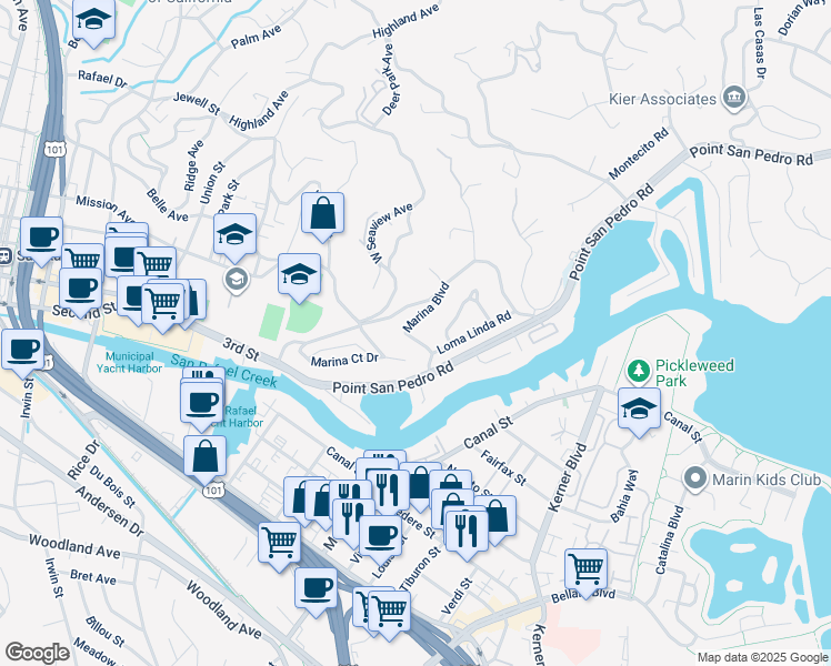 map of restaurants, bars, coffee shops, grocery stores, and more near 32 Marina Boulevard in San Rafael