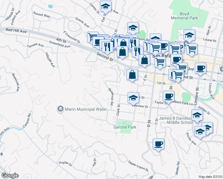 map of restaurants, bars, coffee shops, grocery stores, and more near 204 Ross Street in San Rafael