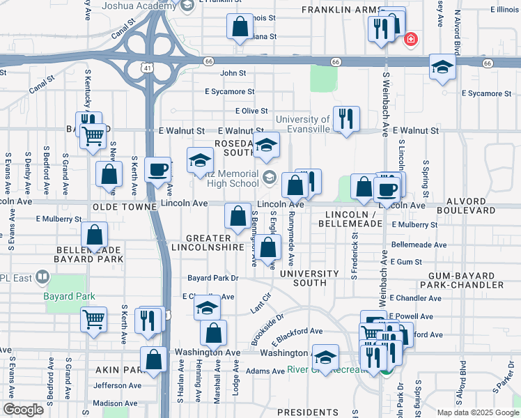 map of restaurants, bars, coffee shops, grocery stores, and more near 610 South Bennighof Avenue in Evansville