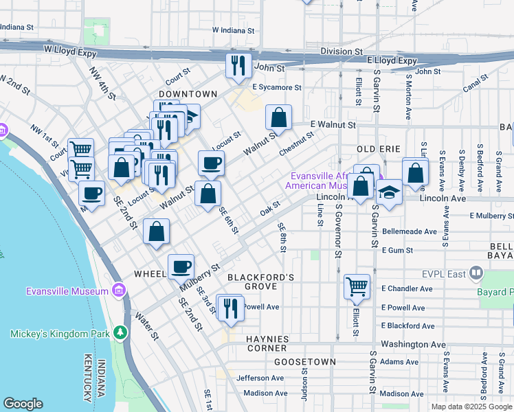 map of restaurants, bars, coffee shops, grocery stores, and more near in Vanderburgh County