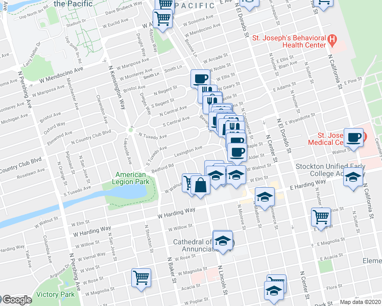 map of restaurants, bars, coffee shops, grocery stores, and more near 2020 Allston Way in Stockton