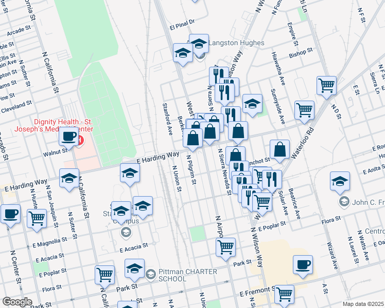 map of restaurants, bars, coffee shops, grocery stores, and more near 1269 North Pilgrim Street in Stockton