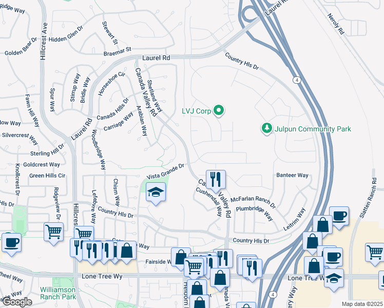 map of restaurants, bars, coffee shops, grocery stores, and more near 5449 Mountain Ridge Way in Antioch