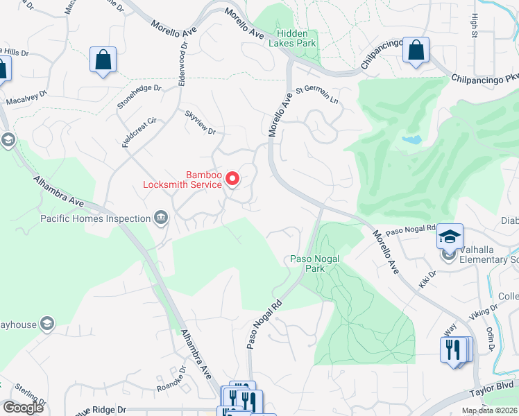map of restaurants, bars, coffee shops, grocery stores, and more near 381 Ridgeview Drive in Pleasant Hill