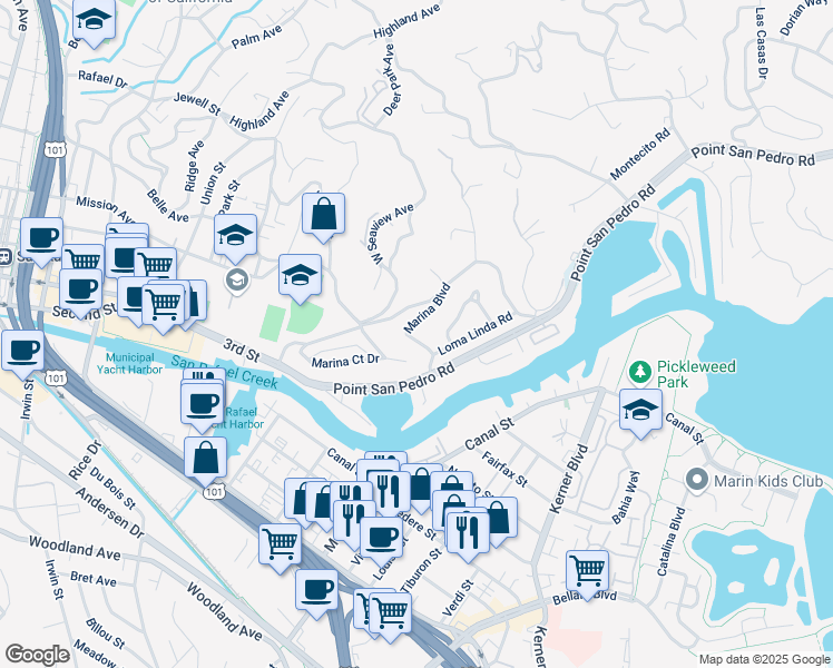 map of restaurants, bars, coffee shops, grocery stores, and more near 32 Marina Boulevard in San Rafael