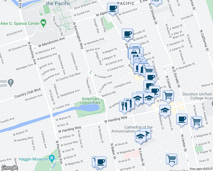 map of restaurants, bars, coffee shops, grocery stores, and more near 702 South Tuxedo Avenue in Stockton