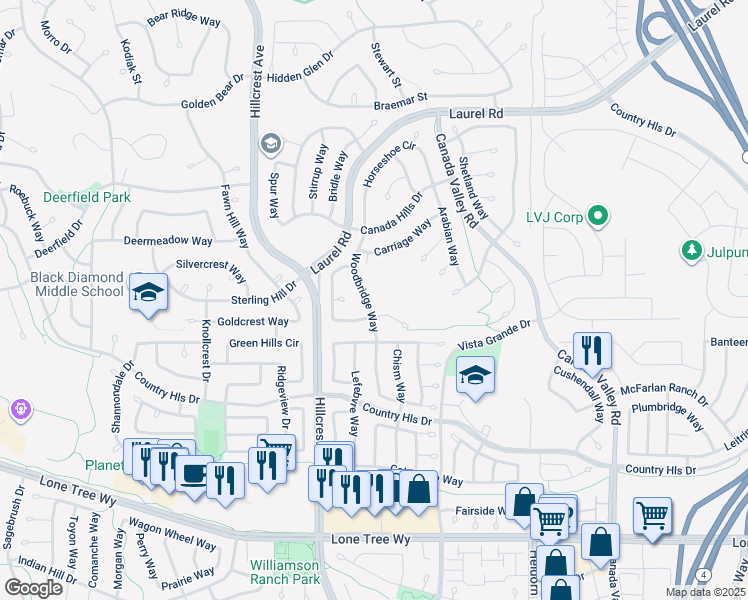 map of restaurants, bars, coffee shops, grocery stores, and more near 4736 Woodbridge Way in Antioch