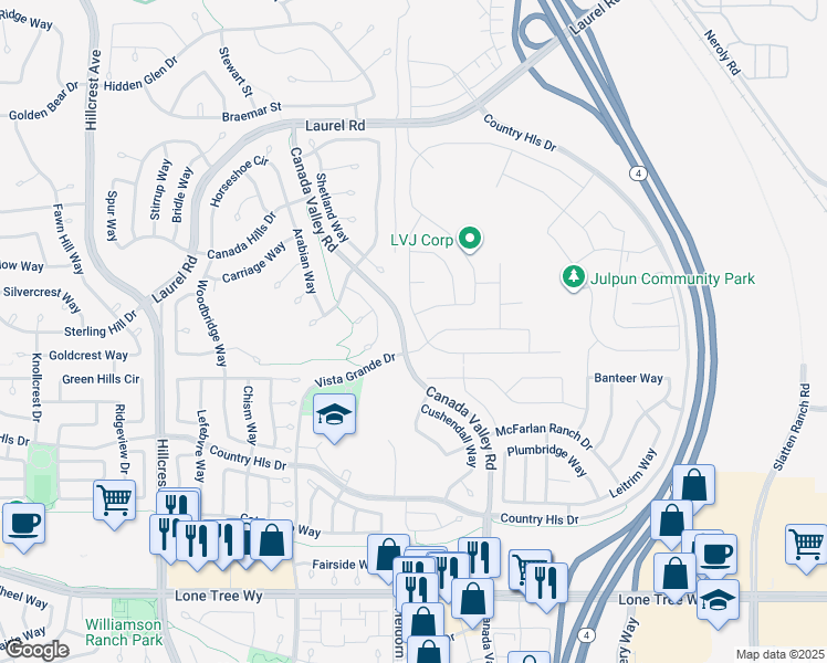 map of restaurants, bars, coffee shops, grocery stores, and more near 5449 Mountain Ridge Way in Antioch