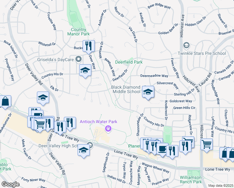 map of restaurants, bars, coffee shops, grocery stores, and more near 4667 Country Hills Drive in Antioch