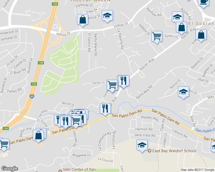 map of restaurants, bars, coffee shops, grocery stores, and more near 4203 Garden Lane in El Sobrante