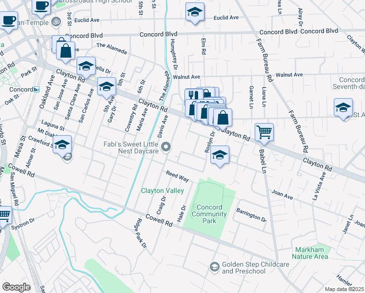 map of restaurants, bars, coffee shops, grocery stores, and more near 154 Leonard Drive in Concord