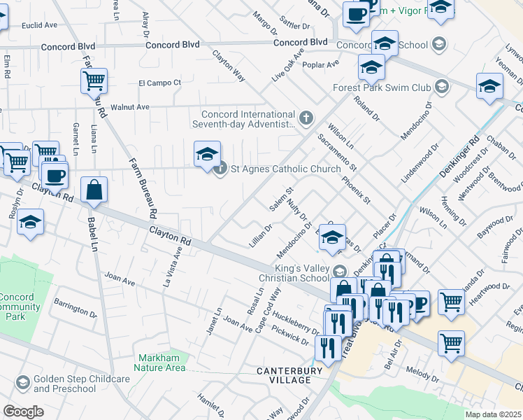 map of restaurants, bars, coffee shops, grocery stores, and more near 4004 Salem Street in Concord