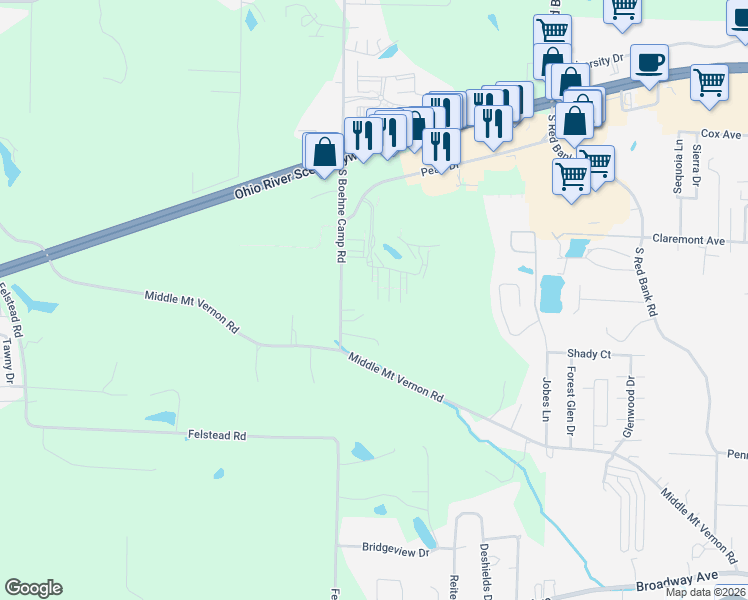 map of restaurants, bars, coffee shops, grocery stores, and more near 712 South Boehne Camp Road in Evansville