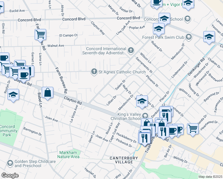 map of restaurants, bars, coffee shops, grocery stores, and more near 4004 Salem Street in Concord