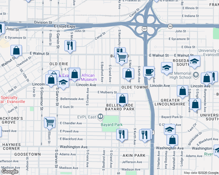 map of restaurants, bars, coffee shops, grocery stores, and more near 928 East Mulberry Street in Evansville
