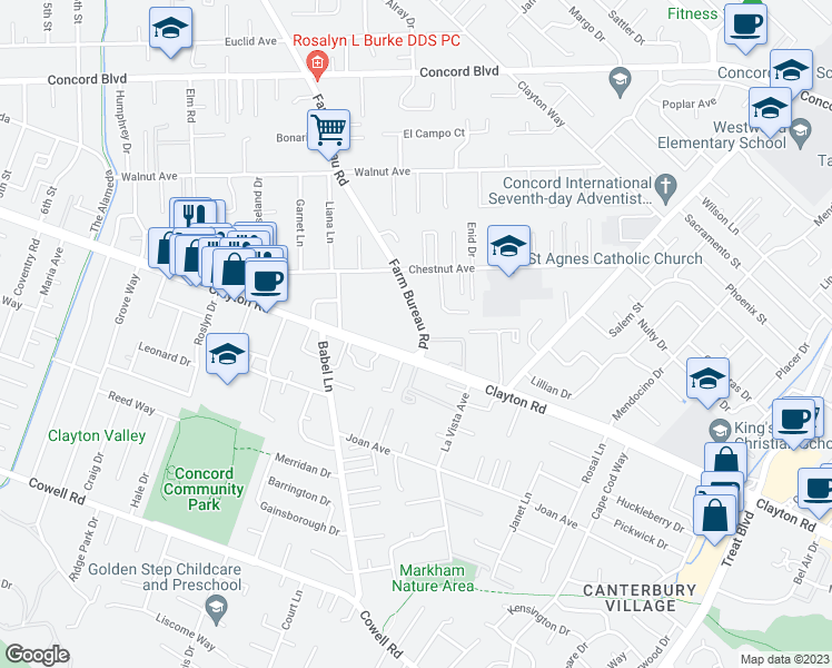 map of restaurants, bars, coffee shops, grocery stores, and more near in Concord