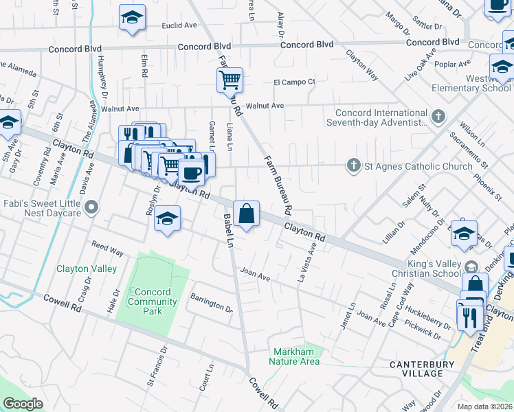 map of restaurants, bars, coffee shops, grocery stores, and more near 3717 Clayton Road in Concord
